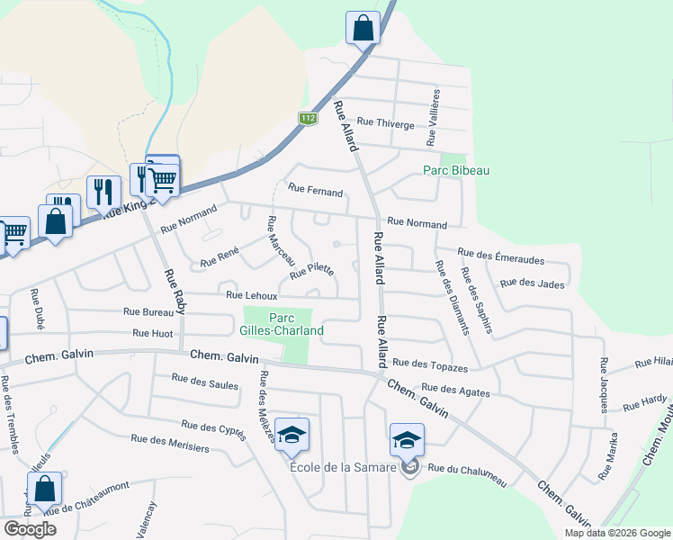 map of restaurants, bars, coffee shops, grocery stores, and more near 2605 Rue Pilette in Sherbrooke