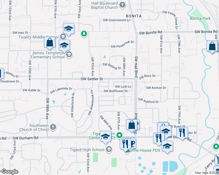 map of restaurants, bars, coffee shops, grocery stores, and more near 8911 Southwest Gravenstein Lane in Tigard