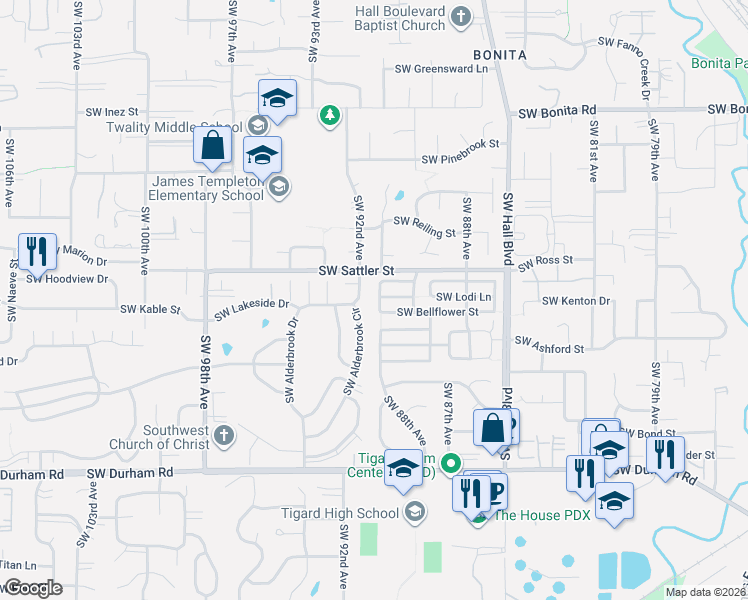 map of restaurants, bars, coffee shops, grocery stores, and more near 15309 Southwest Regent Terrace in Tigard