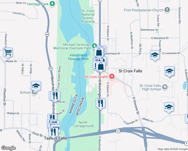 map of restaurants, bars, coffee shops, grocery stores, and more near 128 River Road North in Saint Croix Falls