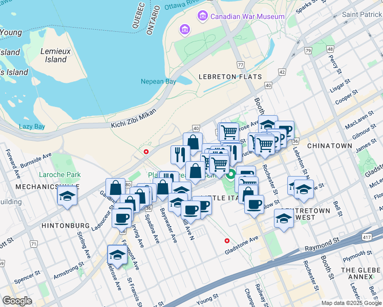map of restaurants, bars, coffee shops, grocery stores, and more near 24 City Centre Avenue in Ottawa
