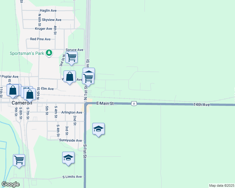 map of restaurants, bars, coffee shops, grocery stores, and more near 206 Soo Avenue in Cameron