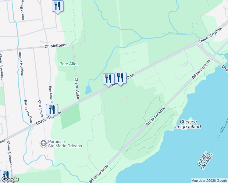 map of restaurants, bars, coffee shops, grocery stores, and more near 1160 Chemin d'Aylmer in Gatineau
