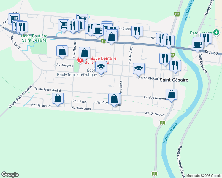 map of restaurants, bars, coffee shops, grocery stores, and more near 1395 Terrasse Fortin in Saint-Césaire