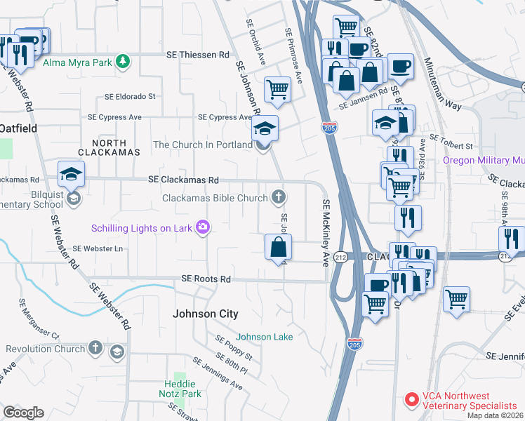 map of restaurants, bars, coffee shops, grocery stores, and more near 15710 Southeast Buser Lane in Clackamas