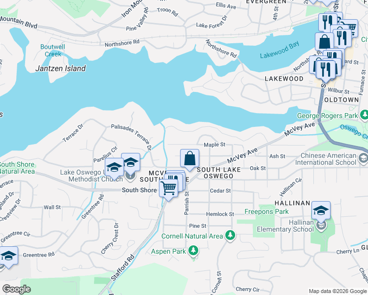 map of restaurants, bars, coffee shops, grocery stores, and more near 1610 Maple St in Lake Oswego