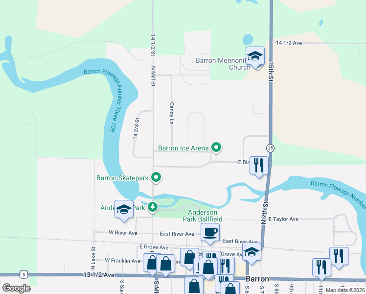 map of restaurants, bars, coffee shops, grocery stores, and more near 111 Golfview Avenue in Barron