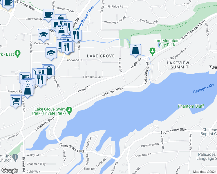 map of restaurants, bars, coffee shops, grocery stores, and more near 3230 Upper Drive in Lake Oswego