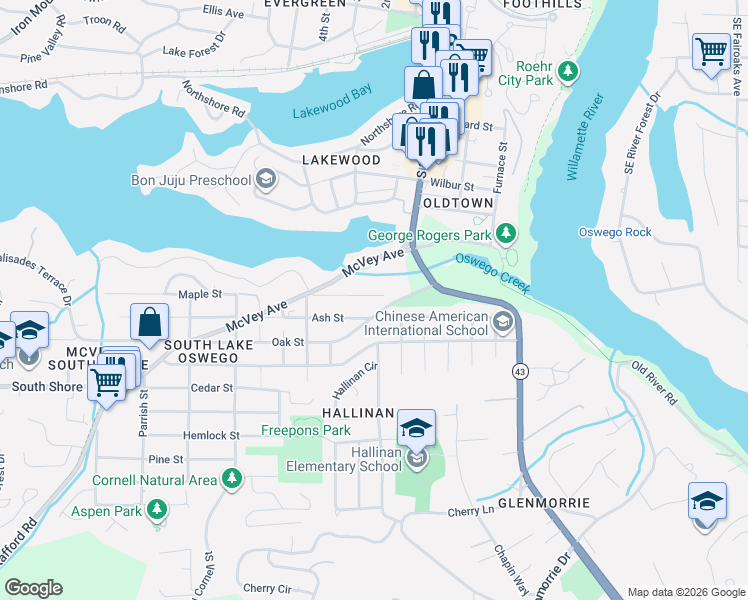 map of restaurants, bars, coffee shops, grocery stores, and more near 600 Maple Street in Lake Oswego