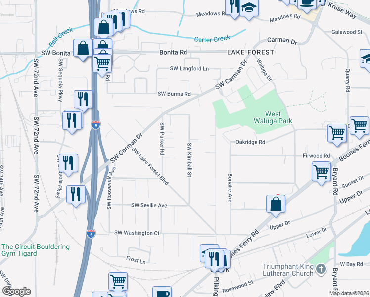 map of restaurants, bars, coffee shops, grocery stores, and more near 16065 Southwest Kimball Street in Lake Oswego