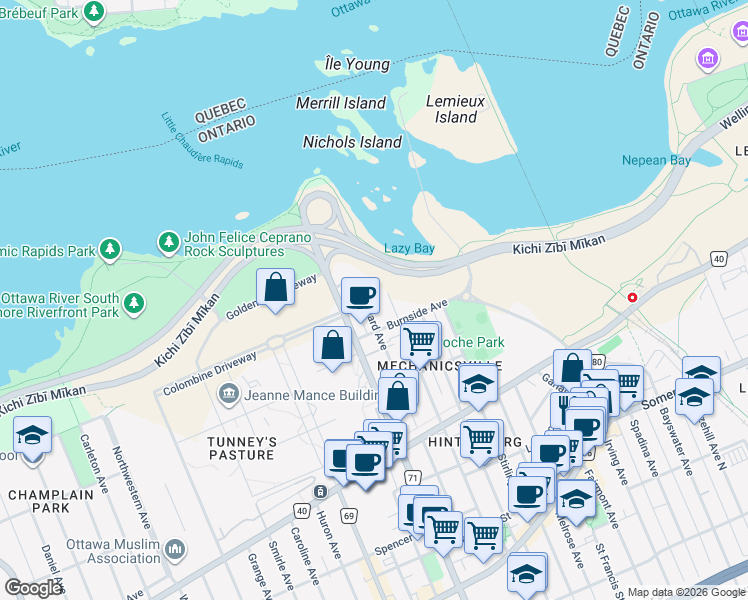 map of restaurants, bars, coffee shops, grocery stores, and more near 89 Forward Avenue in Ottawa