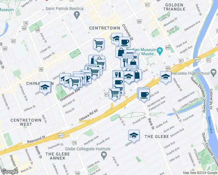 map of restaurants, bars, coffee shops, grocery stores, and more near 130 Flora Street in Ottawa