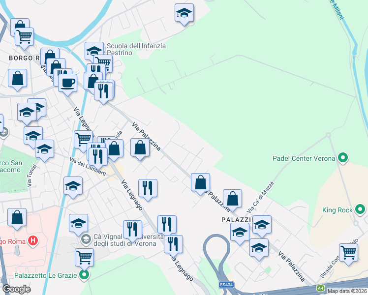map of restaurants, bars, coffee shops, grocery stores, and more near 25b Villaggio Sant'Emilio in Verona