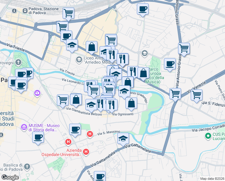 map of restaurants, bars, coffee shops, grocery stores, and more near 6 Via Giovanni Gradenigo in Padova