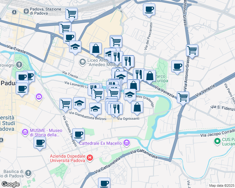 map of restaurants, bars, coffee shops, grocery stores, and more near 6 Via Giovanni Gradenigo in Padova