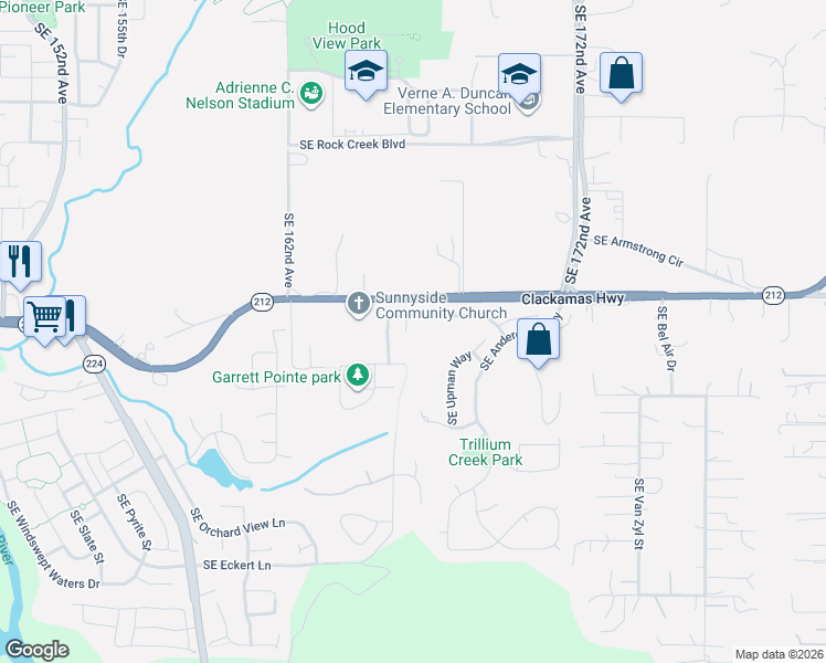 map of restaurants, bars, coffee shops, grocery stores, and more near 15566 Southeast Melinda Court in Damascus