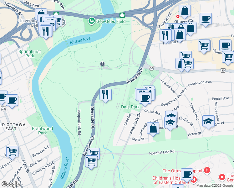 map of restaurants, bars, coffee shops, grocery stores, and more near 106 Corsica Private in Ottawa