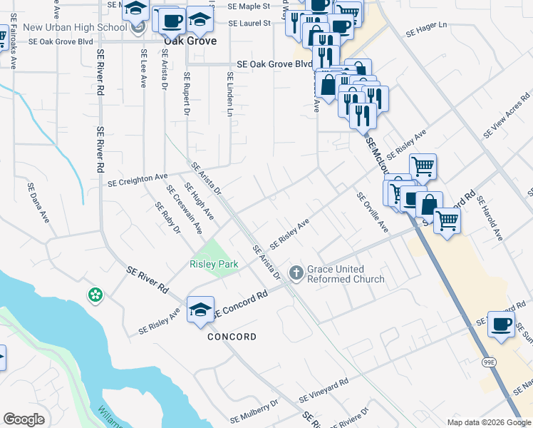 map of restaurants, bars, coffee shops, grocery stores, and more near 2679 Southeast Davies Court in Milwaukie
