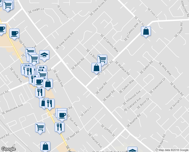 map of restaurants, bars, coffee shops, grocery stores, and more near 4645 Southeast Thiessen Road in Portland