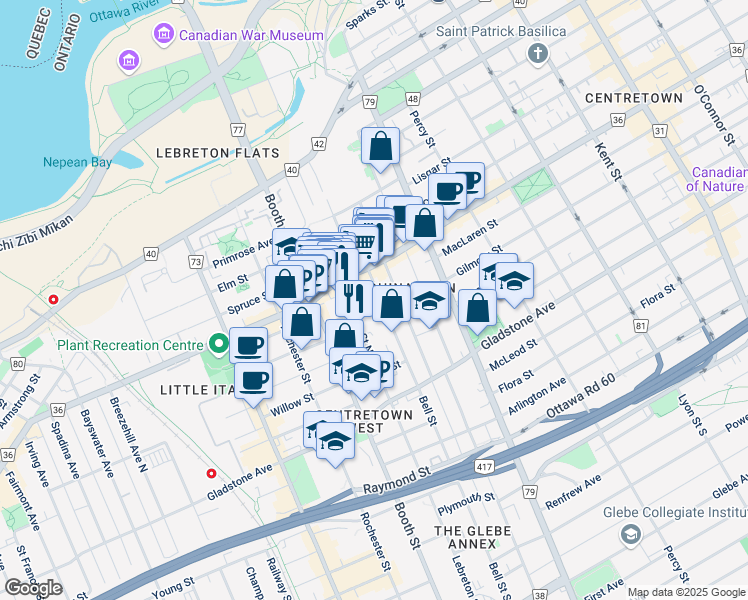 map of restaurants, bars, coffee shops, grocery stores, and more near 3 Eccles Street in Ottawa