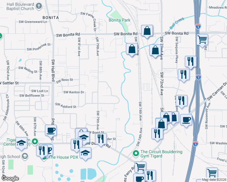 map of restaurants, bars, coffee shops, grocery stores, and more near 7695 Southwest Gentle Woods Drive in Tigard