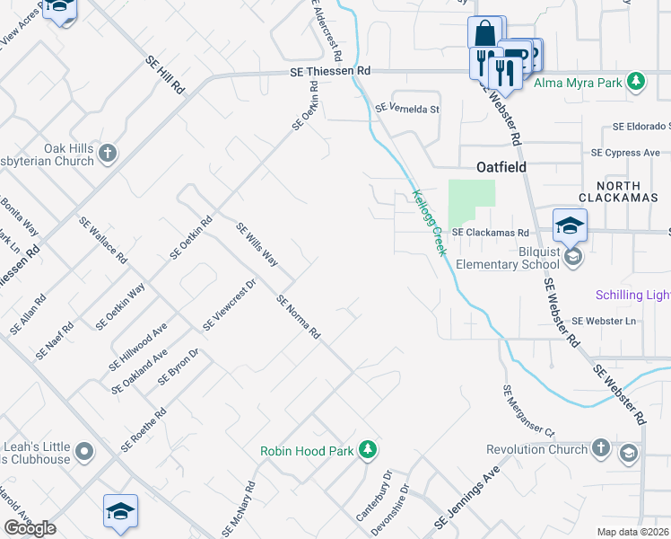map of restaurants, bars, coffee shops, grocery stores, and more near 6320 Southeast Roethe Road in Milwaukie