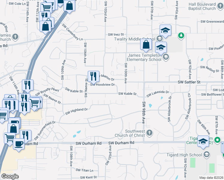 map of restaurants, bars, coffee shops, grocery stores, and more near 10255 Southwest Kable Street in Tigard