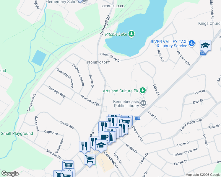 map of restaurants, bars, coffee shops, grocery stores, and more near 29 Lila Court in Quispamsis