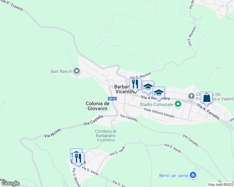 map of restaurants, bars, coffee shops, grocery stores, and more near 12 Via Adelchi Carampin in Barbarano Vicentino