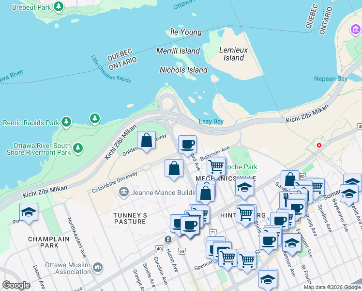 map of restaurants, bars, coffee shops, grocery stores, and more near 50 Emmerson Avenue in Ottawa