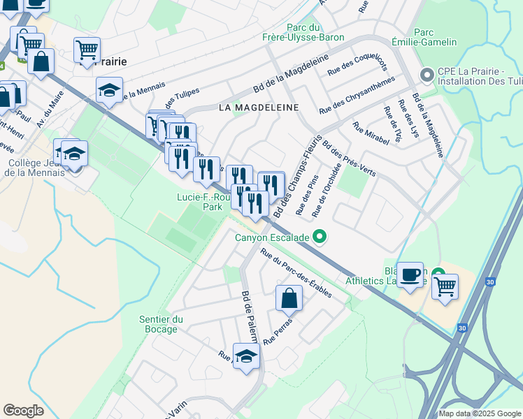 map of restaurants, bars, coffee shops, grocery stores, and more near 1503 Chemin de Saint-Jean in La Prairie