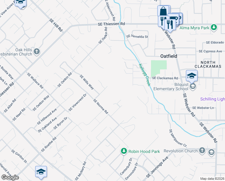 map of restaurants, bars, coffee shops, grocery stores, and more near 6320 Southeast Roethe Road in Milwaukie
