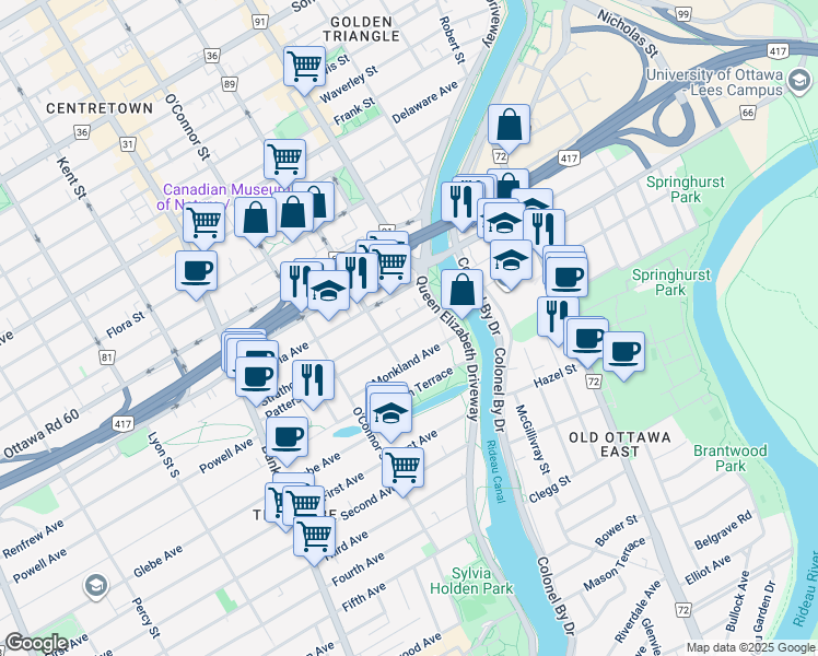 map of restaurants, bars, coffee shops, grocery stores, and more near 35 Patterson Avenue in Ottawa