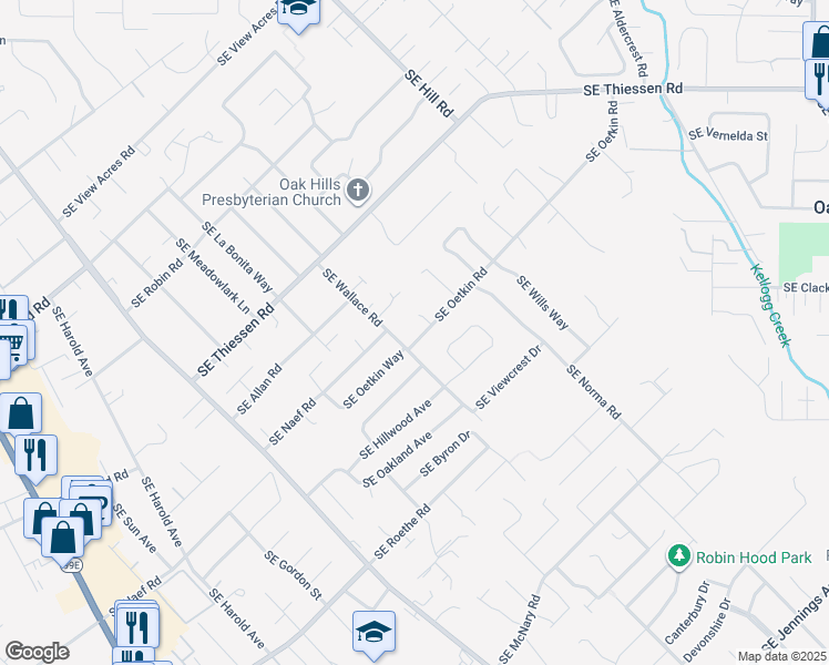 map of restaurants, bars, coffee shops, grocery stores, and more near 5355 Southeast Oetkin Road in Milwaukie
