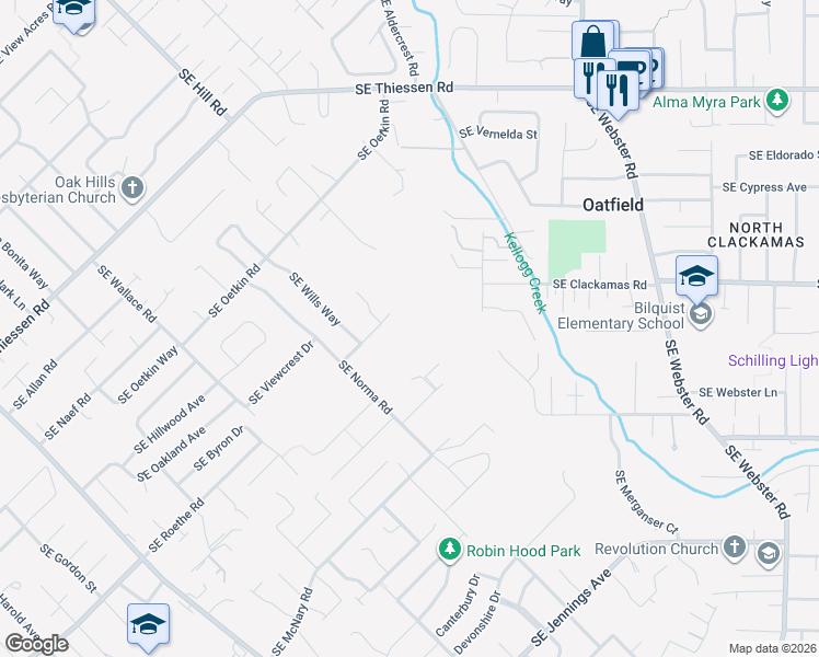map of restaurants, bars, coffee shops, grocery stores, and more near 6320 Southeast Roethe Road in Milwaukie