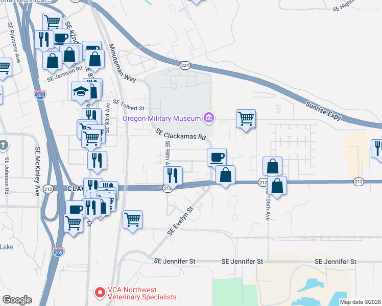 map of restaurants, bars, coffee shops, grocery stores, and more near 9998 Southeast Amherst Street in Clackamas County