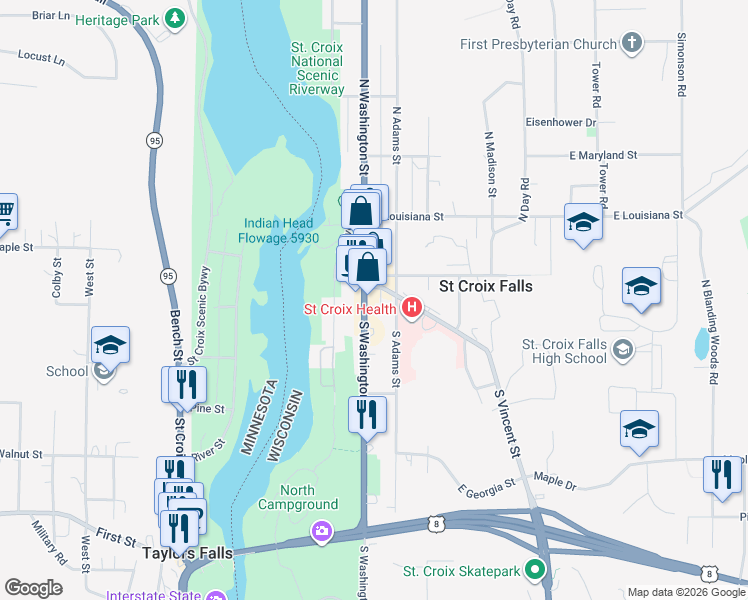 map of restaurants, bars, coffee shops, grocery stores, and more near 116 North Washington Street in Saint Croix Falls