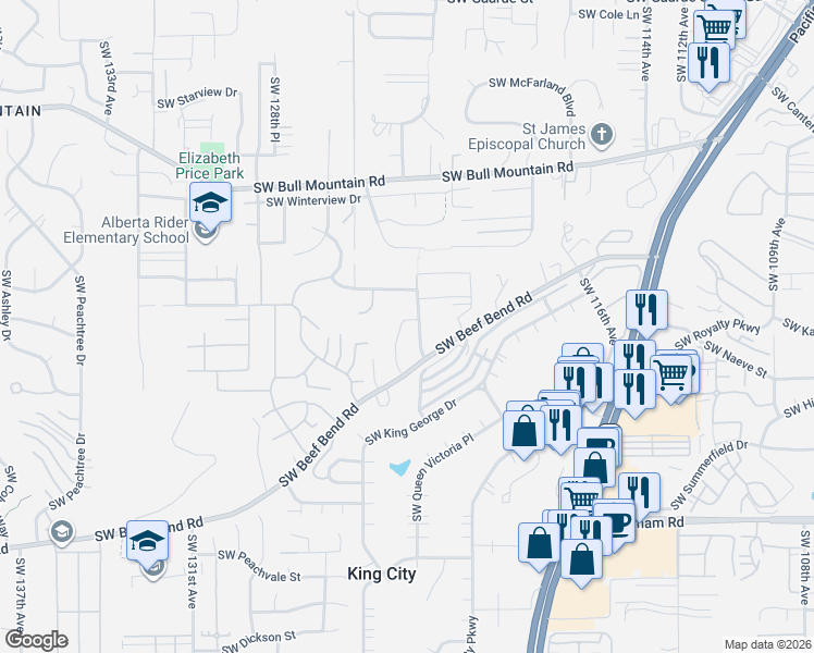 map of restaurants, bars, coffee shops, grocery stores, and more near 15254 Southwest Turnagain Drive in Tigard