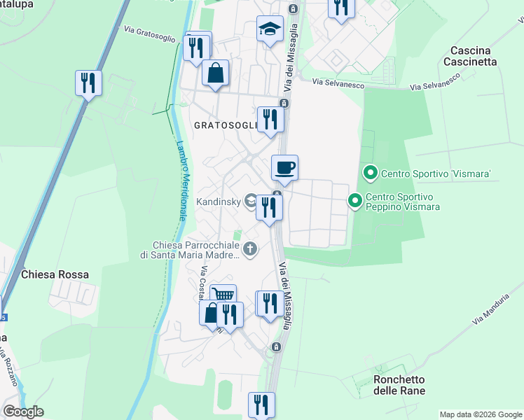 map of restaurants, bars, coffee shops, grocery stores, and more near 20 Via Michele Saponaro in Milano