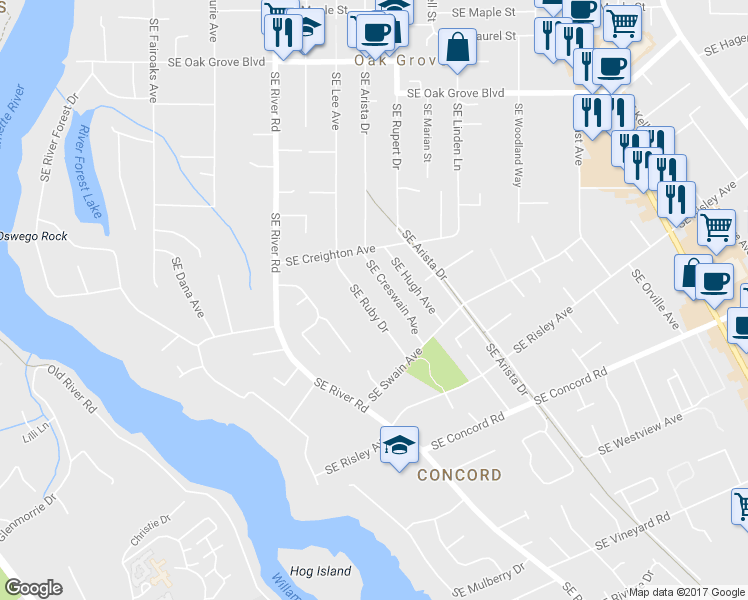 map of restaurants, bars, coffee shops, grocery stores, and more near 15800 Southeast Ruby Drive in Milwaukie