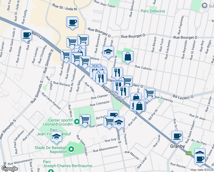 map of restaurants, bars, coffee shops, grocery stores, and more near 4 Rue Robinson Nord in Granby