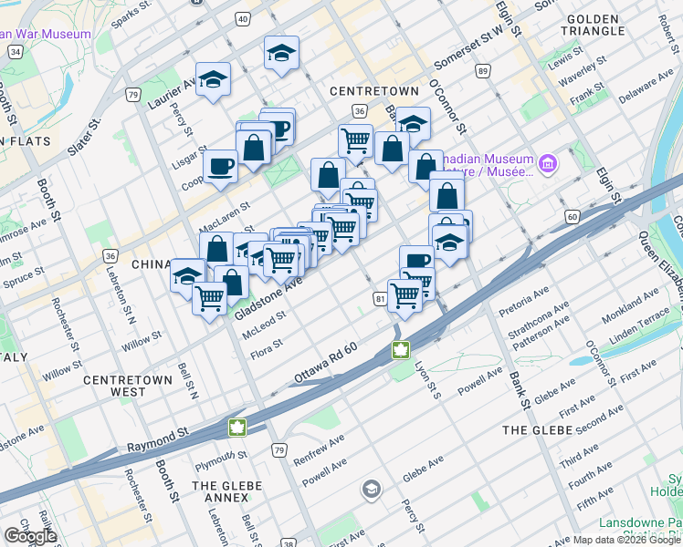 map of restaurants, bars, coffee shops, grocery stores, and more near 487 McLeod Street in Ottawa