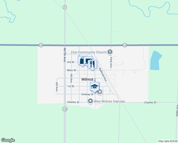map of restaurants, bars, coffee shops, grocery stores, and more near 612 2nd Avenue in Wilmot