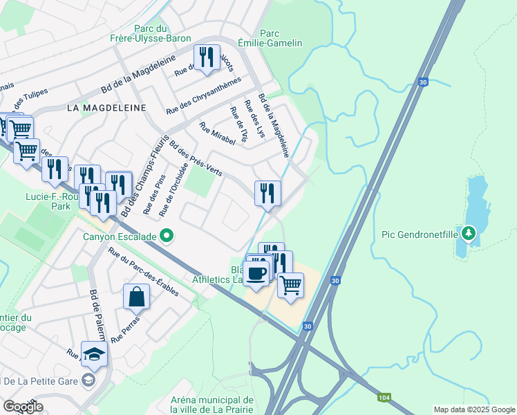 map of restaurants, bars, coffee shops, grocery stores, and more near 495 Boulevard des Prés Verts in La Prairie
