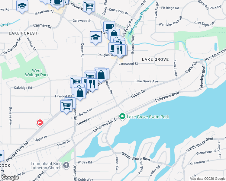 map of restaurants, bars, coffee shops, grocery stores, and more near 16038 Reese Road in Lake Oswego