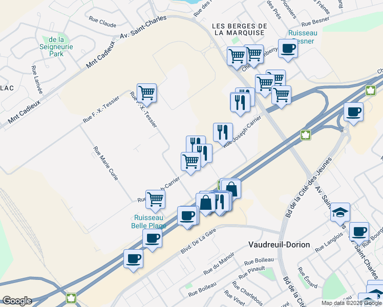 map of restaurants, bars, coffee shops, grocery stores, and more near 180 Rue Joseph-Carrier in Vaudreuil-Dorion