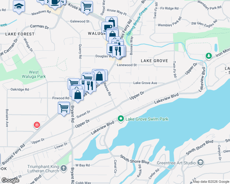 map of restaurants, bars, coffee shops, grocery stores, and more near 3805 Upper Drive in Lake Oswego