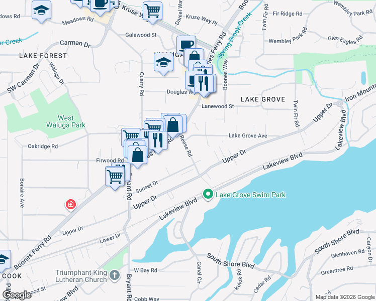 map of restaurants, bars, coffee shops, grocery stores, and more near 16038 Reese Road in Lake Oswego