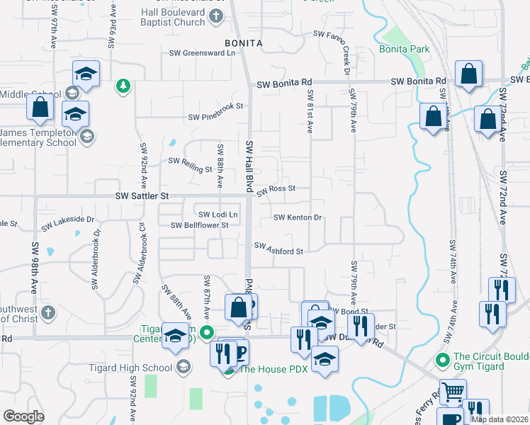 map of restaurants, bars, coffee shops, grocery stores, and more near 15000 Southwest Kenton Drive in Tigard
