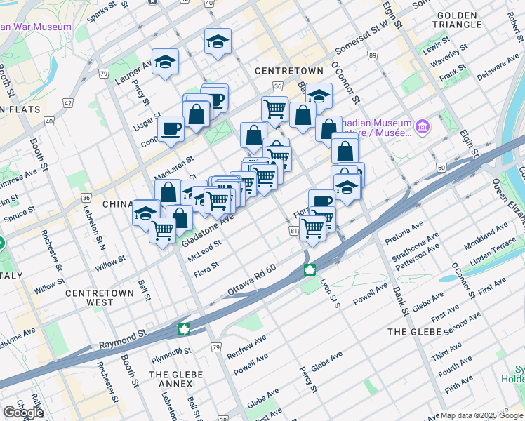 map of restaurants, bars, coffee shops, grocery stores, and more near in Ottawa